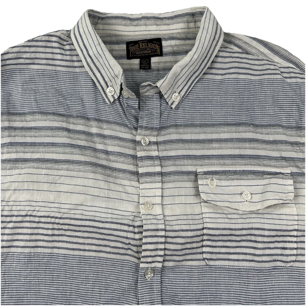 True Religion Men’s Linen Cotton Shirt XXL White Blue Striped 2XL Long Sleeve